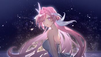 bare_shoulders breasts chinese_commentary commentary_request dress elysia_(herrscher_of_human:_ego)_(honkai_impact) elysia_(honkai_impact) from_side hair_ornament highres honkai_(series) honkai_impact_3rd large_breasts looking_at_viewer multicolored_hair parted_lips procreate_(medium) seawave02974 sky star_(sky) starry_sky two-tone_hair white_dress white_hair