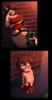 1boy 1girl 2koma :o absurdres against_wall age_regression aged_down arm_under_breasts arms_at_sides barefoot belly black_border black_panties blue_eyes blush border breasts brick_wall brown_hair character_request cigarette cleavage collarbone comic crossed_legs dress eyebrows feet fingernails fishnet_legwear fishnets flat_chest full_body garter_straps hair_between_eyes high_ware highres holding holding_cigarette holding_money huge_filesize large_breasts lipstick long_hair looking_up makeup money nail_polish navel nipples outdoors oversized_clothes panties prostitution red_dress red_nails short_dress smoke solo_focus standing stomach strapless strapless_dress sweatdrop teeth thighs underwear upper_teeth_only wide-eyed