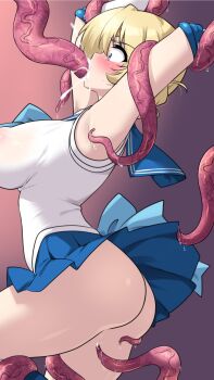 1girl armpits ass blonde_hair blue_eyes blush braid breasts cosplay cum cum_in_pussy darjeeling_(girls_und_panzer) fellatio girls_und_panzer kuzuryuu_kennosuke large_breasts microskirt no_panties oral rape restrained sailor_senshi_uniform skirt tentacles tiara wide-eyed