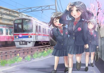 3girls bad_tag bag black_hair blue_sky bow bowtie brown_hair helmet highres keikyu_corporation keisei_electric_railway multiple_girls multiple_unit_train outdoors overhead_line pleated_skirt railroad_tracks red_bow school_bag school_uniform skirt sky train yellow_eyes