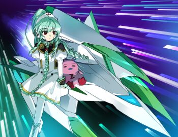 1girl brooch closed_mouth commentary_request dress drill_hair drill_ponytail drill_sidelocks expressionless flat_chest galaxy_angel gold_trim green_hair highres jewelry juliet_sleeves kaigen_1025 long_hair long_sleeves normad pantyhose ponytail puffy_sleeves red_eyes shoes sidelocks sitting solo spacecraft vanilla_h white_dress white_pantyhose white_shoes