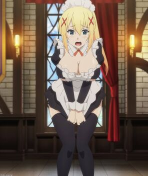1girl black_thighhighs blonde_hair blue_eyes blush breasts cleavage clothes_pull darkness_(konosuba) frown highres indoors kono_subarashii_sekai_ni_shukufuku_wo! large_breasts leaning_forward long_hair long_sleeves looking_at_viewer maid maid_headdress nervous open_mouth screencap sidelocks solo thighhighs underboob wide_hips window