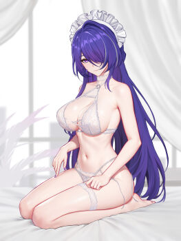 1girl absurdres acheron_(honkai:_star_rail) alternate_costume bare_arms bare_shoulders bed_sheet blue_eyes blue_hair bra breasts check_commentary closed_mouth collarbone commentary_request curtains hair_over_one_eye highres honkai:_star_rail honkai_(series) indoors large_breasts large_variant_set long_hair looking_at_viewer maid_headdress navel on_bed paid_reward_available panties partial_commentary seiza sideboob sitting solo stomach underwear variant_set white_bra white_panties yunkaiming