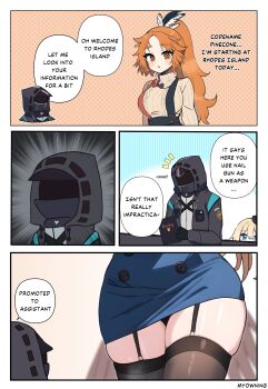 1other 2girls absurdres ambiguous_gender arknights bird_girl comic doctor_(arknights) durin_(arknights) dwarf english_text feather_hair hat highres hood long_hair miniskirt mole mole_under_eye multiple_girls myown pervert pinecone_(arknights) ponytail right-to-left_comic skirt speech_bubble thigh_strap thighhighs thighs