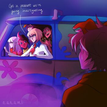 3boys 3girls \n/ animal_ears arm_on_another&#039;s_shoulder asahina_aoi ascot blonde_hair blue_eyes brown_hair closed_mouth collared_shirt commentary cosplay danganronpa:_trigger_happy_havoc danganronpa_(series) daphne_blake daphne_blake_(cosplay) dark-skinned_female dark_skin donut dreadlocks eating english_commentary english_text eyelashes facial_hair fake_animal_ears fingernails food food_on_face fred_jones fred_jones_(cosplay) fukawa_toko glasses green_scarf hagakure_yasuhiro hair_ornament hairclip highres holding holding_donut holding_food kirigiri_kyoko long_hair mole mole_under_mouth motor_vehicle multiple_boys multiple_girls mystery_machine naegi_makoto nanamis-username necktie open_mouth orange_ascot orange_necktie ponytail purple_eyes purple_hair scarf scooby-doo scooby-doo_(character) scooby-doo_(character)_(cosplay) scowl scrappy-doo scrappy-doo_(cosplay) shaggy_rogers shaggy_rogers_(cosplay) shirt short_hair smile sweatdrop teeth togami_byakuya turtleneck upper_teeth_only velma_dinkley velma_dinkley_(cosplay) white-framed_eyewear white_shirt