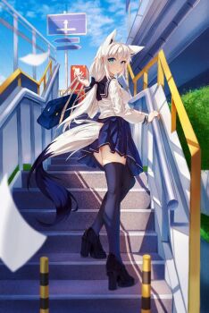 1girl ahoge animal_ear_fluff animal_ears bag black_bow black_thighhighs blue_sailor_collar blue_skirt bow braid breasts cloud cloudy_sky commentary_request day fox_ears fox_girl fox_tail green_eyes hair_between_eyes hair_bow handbag holding holding_bag hololive long_hair looking_at_viewer looking_back medium_breasts mulong outdoors pleated_skirt sailor_collar school_uniform serafuku shirakami_fubuki shirt sidelocks single_braid skirt sky solo stairs tail thighhighs virtual_youtuber white_hair white_serafuku white_shirt zettai_ryouiki
