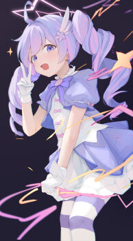 1girl absurdres ahoge black_background blue_archive blush bow bowtie chinese_commentary clenched_hand commentary dress drill_hair eiyuo fang feet_out_of_frame gloves hair_ornament halo hand_up highres jacket long_hair looking_at_viewer magical_girl multicolored_hair official_alternate_costume official_alternate_hairstyle open_mouth pantyhose pink_bow pink_hair pink_halo puffy_short_sleeves puffy_sleeves purple_bow purple_bowtie purple_dress purple_eyes purple_hair purple_jacket purple_pantyhose reisa_(blue_archive) reisa_(magical)_(blue_archive) short_sleeves smile solo star_(symbol) star_hair_ornament star_halo striped_clothes striped_pantyhose twin_drills twintails two-tone_dress two-tone_hair v white_dress white_gloves white_wrist_cuffs wing_hair_ornament wrist_cuffs