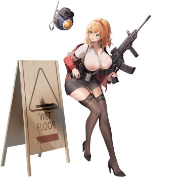 1girl annoyed assault_rifle belt belt_pouch black_belt black_garter_straps black_hat black_shoes black_skirt blush breasts brown_thighhighs bursting_breasts button_gap buttons cailleach_bheur_(last_origin) choyeon cleavage coat collarbone collared_shirt cz_805_bren drone earrings english_text fedora floating floating_object full_body game_asset garter_straps green_eyes gun hairband hat high-waist_skirt high_heels highres holding holding_gun holding_torch holding_weapon huge_breasts id_card jewelry lace lace-trimmed_thighhighs lace_trim last_origin looking_to_the_side miniskirt necklace nipples no_bra non-web_source off_shoulder official_alternate_costume official_art open_clothes open_coat open_mouth orange_hair pencil_skirt pouch red_coat red_hairband rifle see-through_clothes see-through_shirt self-datamine shirt shoes short_hair sign simple_background skindentation skirt solo standing suspender_skirt suspenders tachi-e thick_thighs thighhighs thighs torch transparent_background underwear weapon wet_floor_sign white_shirt zettai_ryouiki
