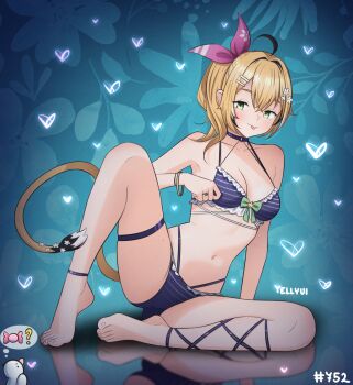 1girl ahoge armpits barefoot bikini blonde_hair blue_bikini blush bracelet breasts cat_girl cat_tail cleavage commentary dooby english_commentary flower full_body green_eyes hair_between_eyes hair_flower hair_ornament hairclip highres indie_virtual_youtuber jewelry looking_at_viewer medium_breasts navel reflective_floor short_hair sitting smile solo stomach swimsuit tail toes tongue tongue_out virtual_youtuber yellyvi