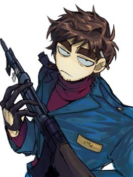1boy black_eyes black_gloves blue_coat brown_hair cigarette coat commentary eddsworld gloves gun hashtag-only_commentary holding holding_gun holding_weapon looking_at_viewer male_focus name_tag paul_(eddsworld) pznogrosqe22114 red_sweater short_hair simple_background solo sweater thick_eyebrows turtleneck turtleneck_sweater upper_body weapon white_background