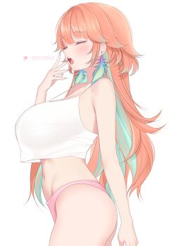 1girl absurdres breasts camisole closed_eyes colored_inner_hair commentary crop_top deermiko earrings english_commentary feather_earrings feathers from_side gradient_hair green_feathers green_hair highres hololive hololive_english jewelry large_breasts long_hair multicolored_hair navel no_pants open_mouth orange_hair panties pink_panties see-through_clothes simple_background solo takanashi_kiara teeth underwear upper_teeth_only very_long_hair virtual_youtuber white_background white_camisole yawning
