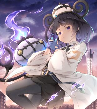 1girl chandelure gen_5_pokemon gwynn_(pokemon) highres khell pokemon pokemon_(creature) purple_eyes purple_hair short_hair