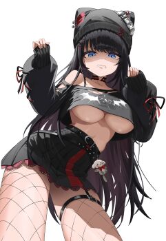 1girl absurdres asymmetrical_legwear beanie belt belt_buckle black_belt black_hair black_hat black_shirt black_skirt blue_eyes breasts buckle ccmk5555 character_charm charm_(object) cowboy_shot crop_top cropped_shirt fishnets from_below grimace haedungi_(shirayuki_hina) hands_up hashtag-only_commentary hat highres large_breasts long_hair long_sleeves looking_at_viewer looking_down miniskirt no_bra off-shoulder_shirt off_shoulder pleated_skirt print_shirt shirayuki_hina shirt simple_background single_bare_shoulder single_off_shoulder skirt sleeves_past_wrists solo standing stellive straight_hair thigh_strap torn_clothes torn_shirt underboob v-shaped_eyebrows virtual_youtuber white_background wispy_bangs