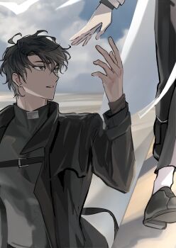 1boy 1other bird black_coat black_eyes black_hair black_shirt chest_belt coat dove hand_up hashtag-only_commentary highres keomikan kim_dokja male_focus omniscient_reader's_viewpoint open_clothes open_coat out_of_frame popped_collar reaching reaching_towards_another shirt short_hair walking white_coat yoo_joonghyuk