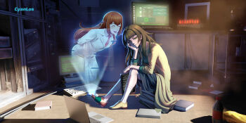2girls absurdres arms_behind_back asymmetrical_footwear blunt_bangs breasts brown_hair closed_eyes collared_shirt computer full_body green_eyes green_trim hair_between_eyes highres hiyajou_maho hologram indoors jacket_over_dress kneehighs lab_coat laptop long_hair long_sleeves looking_at_viewer makise_kurisu makise_kurisu_(amadeus) messy_hair mismatched_footwear multiple_girls necktie on_floor open_mouth red_necktie science_adventure shirt sitting small_breasts smile socks solo steins;gate steins;gate_0 tushantin very_long_hair white_shirt white_socks