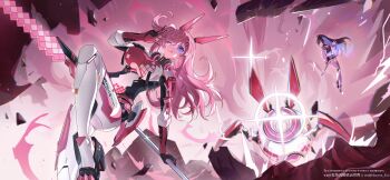 2girls 8-bit :p absurdres alkyne_gui animal_ears armored_bodysuit artist_name ayla:_kaleido_(dazzler)_(pgr) ayla:_kaleido_(pgr) ayla_(pgr) bandaid bandaid_on_leg black_footwear black_hair black_shirt black_shorts blue_hair bodysuit breasts broken_ground chinese_commentary clawed_boots cleavage cleavage_cutout clothing_cutout colored_inner_hair commentary crop_top cross-laced_clothes cross-laced_gloves explosion fake_animal_ears fleeing floating_rock fur-trimmed_shorts fur_trim gloves hair_ornament hairclip headphones headphones_around_neck high_ponytail highres holding holding_staff holding_wand holographic_interface incoming_attack jacket knee_pads large_breasts long_hair mechanical_ears midair multicolored_bodysuit multicolored_hair multiple_girls non-humanoid_robot official_alternate_costume one-eyed one_eye_closed open_clothes open_jacket pink_bodysuit pink_eyes pink_gloves pink_hair pink_theme ponytail punishing:_gray_raven purple-tinted_eyewear purple_thighhighs rabbit_ears robot selena:_capriccio_(flowing_dreams)_(pgr) selena:_capriccio_(pgr) selena_(pgr) shirt shorts shoulder_pads single_knee_pad single_thighhigh staff thighhighs tinted_eyewear tongue tongue_out twitter_username two-tone_bodysuit underboob underboob_cutout v wand watermark weibo_watermark white_bodysuit white_jacket