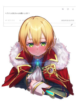 Rule 34 | 1girl, absurdres, ascot, black jacket, blonde hair, blush, cape, closed mouth, commentary request, cropped torso, dated, eyelashes, fan request, fur-trimmed cape, fur trim, green eyes, hair between eyes, hand up, heaven burns red, highres, jacket, kisaragi yayoi (ksrg yayoi), long sleeves, maruyama kanata, no headwear, red cape, request inset, short hair, simple background, solo, split mouth, tomboy, upper body, white ascot, white background