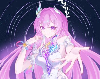 1girl absurdres bare_shoulders cyrene_(honkai:_star_rail) cyrene_(ripples_of_past_reverie)_(honkai:_star_rail) diamond-shaped_pupils diamond_(shape) dress earrings flower hair_flower hair_ornament highres honkai:_star_rail honkai_(series) jewelry long_hair multicolored_hair pink_hair pointy_ears poppopp51370345 purple_eyes reaching reaching_towards_viewer sky smile solo star_(sky) starry_sky symbol-shaped_pupils two-tone_hair very_long_hair white_dress white_hair