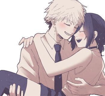 1boy 1girl arms_around_neck bare_arms bare_shoulders black_choker black_necktie black_shorts black_thighhighs blonde_hair blue_hair blush carrying chainsaw_man choker closed_eyes collared_shirt denji_(chainsaw_man) hair_bun hair_over_one_eye hetero highres necktie on_u_u open_mouth parted_lips princess_carry reze_(chainsaw_man) sharp_teeth shirt shorts sleeveless sleeveless_shirt smile teeth thighhighs updo white_background white_shirt