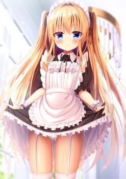 Rule 34 | 1girl, :t, absurdres, apron, black dress, black ribbon, blonde hair, blue eyes, blush, closed mouth, commentary request, cowboy shot, dress, frilled apron, frilled dress, frilled wrist cuffs, frills, garter straps, gluteal fold, hair intakes, hair ribbon, highres, hiragana iroiro, indoors, long hair, maid, maid headdress, neck ribbon, nervous, original, panties, ribbon, sidelocks, skirt hold, solo, thighhighs, thighs, two side up, underwear, very long hair, wavy mouth, white apron, white panties, white thighhighs, white wrist cuffs, wrist cuffs