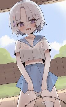 1girl animated animated_gif ayatsuno_yuni blue_sailor_collar blue_skirt cowboy_shot cropped_shirt day electric_fan grey_hair highres just_0012 lifting_own_clothes looking_at_viewer open_mouth panties purple_eyes sailor_collar shirt short_hair short_sleeves skirt solo stellive sweat underwear virtual_youtuber white_panties white_shirt