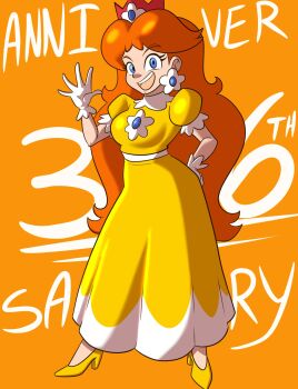 Rule 34 | 1girl, anniversary, blue eyes, breasts, crown, dress, earrings, flower earrings, full body, gloves, grin, happy birthday, high heels, highres, jewelry, long hair, looking at viewer, mario (series), nintendo, open mouth, orange dress, princess daisy, puffy short sleeves, puffy sleeves, red hair, short sleeves, smile, super mario land