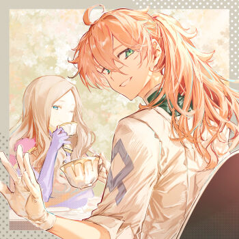 1boy 1girl ahoge aiiro blue_eyes blue_gloves brown_hair chaldea_logo coat commentary_request cup elbow_gloves fate/grand_order fate_(series) from_behind gloves green_coat green_eyes hair_between_eyes hand_up high_ponytail highres holding holding_cup lab_coat leonardo_da_vinci_(caster)_(fate) leonardo_da_vinci_(fate) long_hair looking_at_viewer looking_back multicolored_coat one_eye_closed orange_hair outside_border parted_hair ponytail romani_archaman sleeves_rolled_up smile teacup textless_version two-tone_coat upper_body waving white_coat white_gloves