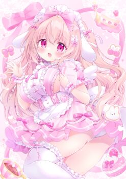 1girl animal_ears apron blush bow breasts cake chiika_(cure_cherish) dress food frilled_thighhighs frills hair_ornament large_breasts long_hair looking_at_viewer maid_headdress open_mouth original panties pink_dress pink_eyes rabbit_ears short_sleeves sideboob smile solo thighhighs underwear white_panties white_thighhighs yume_kawaii