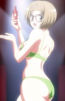 1girl absurdres ass bra breasts brown_eyes brown_hair futari_ecchi highres large_breasts legs looking_at_viewer looking_back modeling open_mouth panties short_hair sideboob smile solo stitched sugiyama_makie thick_thighs thighs third-party_edit underwear underwear_only