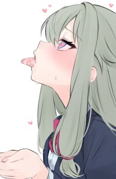 1girl aroused black_jacket blazer bow bowtie cum cum_in_mouth cupping_hands fingernails from_side genmai_komeko green_hair hair_between_eyes hair_flaps hands_up heart heart-shaped_pupils jacket kamiyama_high_school_uniform_(project_sekai) kusanagi_nene layered_sleeves long_hair looking_ahead looking_at_viewer looking_up low-tied_sidelocks own_hands_together portrait profile project_sekai purple_eyes red_bow red_bowtie red_pupils school_uniform shirt sidelocks simple_background solo symbol-shaped_pupils tongue tongue_out white_background white_shirt