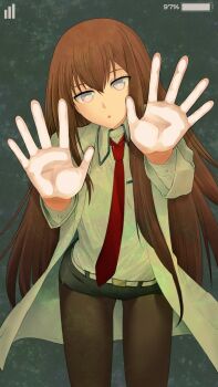 Rule 34 | 1girl, against glass, battery indicator, black pantyhose, black shorts, bright pupils, brown hair, coat, collared shirt, commentary, dress shirt, fake screenshot, green background, hair between eyes, hair over shoulder, hand on glass, head tilt, kikumaru bunta, lab coat, leaning forward, long hair, long sleeves, makise kurisu, necktie, open clothes, open coat, pantyhose, parted lips, reaching, reaching towards viewer, red necktie, science adventure, shirt, short shorts, shorts, signal bar, solo, steins;gate, thigh gap, very long hair, white coat, white eyes, white pupils, white shirt
