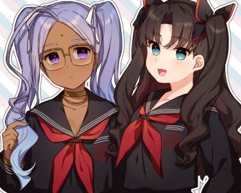 2girls bindi black_hair black_ribbon black_sailor_collar bracelet commentary dark-skinned_female dark_skin facial_mark fate/extra fate/extra_ccc fate_(series) forehead_mark glasses gold_bracelet green_eyes hair_ribbon hand_up holding holding_own_hair jewelry karokuchitose long_hair long_sleeves looking_afar looking_at_another looking_to_the_side multiple_girls neck_ring neckerchief open_mouth outline parted_bangs parted_lips purple_eyes purple_hair rani_viii red_neckerchief ribbon sailor_collar shirt smile tohsaka_rin_(fate/extra) tsukumihara_academy_uniform_(fate/extra_ccc) twintails two_side_up upper_body white_outline white_ribbon white_shirt yellow-framed_eyewear