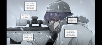 1girl black_eyes commentary cup earpiece english_commentary english_text eyes_visible_through_hair from_side fur-trimmed_hood fur_trim gloves gun highres holding holding_cup hood hood_down hoodie korean_commentary long_hair mask mixed-language_commentary mouth_mask oddsnail original purple_hair rifle simple_background sniper sniper_rifle scope snowing solo weapon