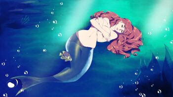 1girl absurdres air_bubble artist_logo artist_name breasts brown_eyes brown_hair bubble cleavage closed_mouth commission covering_breasts covering_privates dead_or_alive fish full_body hair_spread_out highres kasumi_(doa) large_breasts logo long_hair looking_at_viewer lying merfolk mermaid monster_girl monsterification navel on_back on_ground pink_lips pixiv_commission r3dfive smile solo stomach submerged topless_female underwater