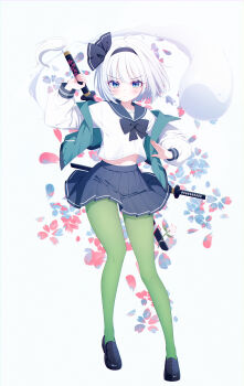 Rule 34 | 1girl, absurdres, alternate costume, black bow, black bowtie, black hairband, black sailor collar, black shoes, black skirt, blue eyes, blush, bow, bowtie, chinese commentary, closed mouth, commentary request, falling petals, full body, green pantyhose, green vest, grey hair, hairband, highres, hitodama, konpaku youmu, konpaku youmu (ghost), long sleeves, medium hair, ohako miyu, open clothes, open vest, pantyhose, petals, pleated skirt, sailor collar, sailor shirt, second-party source, sheath, sheathed, shirt, shoes, skirt, solo, sword, sword on back, touhou, unsheathing, vest, weapon, weapon on back, white shirt