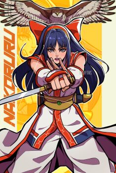1girl ainu_clothes artist_name blue_hair breasts eyelashes fighting_stance grey_eyes highres legs long_hair looking_at_viewer makeup mamahaha medium_breasts nakoruru open_mouth outstretched_arms oyenpaws pants pink_lips samurai_spirits serious snk the_king_of_fighters the_king_of_fighters_xv thighs tongue weapon