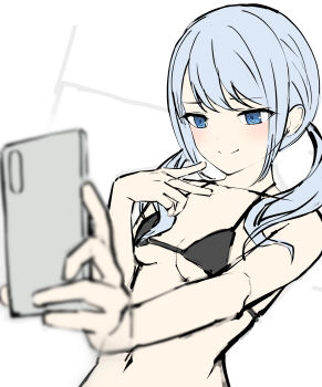 Rule 34 | absurdres, bare shoulders, bikini, black bikini, blue eyes, breasts, closed mouth, commentary, highres, light blush, looking at phone, maou1561, micro bikini, navel, phone, project sekai, selfie, short twintails, small breasts, smile, swimsuit, twintails, untranslatable commentary, white hair, yoisaki kanade