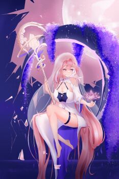 1girl barefoot breasts cleavage commentary_request crystal_flower dress elysia_(honkai_impact) feet highres holding holding_staff honkai_(series) honkai_impact_3rd large_breasts lilyheart548 long_hair pink_hair purple_eyes solo staff very_long_hair white_dress