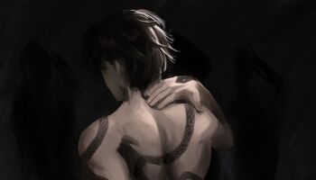 1boy bad_arm black_hair from_behind full-body_tattoo gloxartx hand_on_own_shoulder highres male_focus muscular muscular_male no_shirt shadow_slave short_hair snake_tattoo solo sunny_(shadow_slave) tattoo upper_body