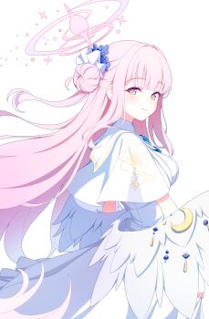 1girl absurdres blue_archive breasts capelet commentary crescent_ornament dress feathered_wings floating_hair hair_bun halo highres kim_nico light_smile long_hair looking_at_viewer looking_to_the_side medium_breasts mika_(blue_archive) pink_hair simple_background single_side_bun solo very_long_hair white_background white_capelet white_dress white_wings wings yellow_eyes