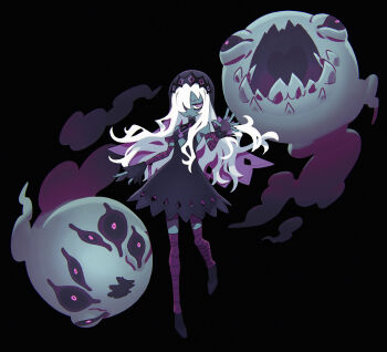 Rule 34 | 1girl, absurdres, bandaged arm, bandaged leg, bandages, black background, black dress, black footwear, black nails, black sclera, black veil, breasts, colored sclera, colored skin, commentary, deadslug, dress, english commentary, extra eyes, fangs, ghost, glowing, glowing eyes, grey skin, highres, long hair, looking at viewer, miasma, morana (deadslug), necromancer, one eye covered, open mouth, original, purple eyes, simple background, small breasts, solo, teeth, thighhighs, upper teeth only, uvula, veil, white hair, wrist cuffs