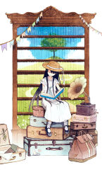 Rule 34 | 1girl, blue sky, book, bookshelf, closed eyes, cloud, dirt road, dress, grass, hat, highres, hinata (echoloveloli), holding, holding book, long hair, open mouth, original, phonograph, road, sailor collar, sky, solo, string of flags, suitcase, tree, very long hair, white background, white dress, white sailor collar