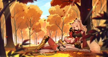 2girls against_tree animal_ear_fluff animal_ears armor armored_boots artist_name autumn_leaves belt black_skirt blonde_hair blue_sky blurry blurry_foreground blush boots breasts cat_ears cat_girl cat_tail closed_eyes commentary commission dark-skinned_female dark_skin day english_commentary fox_ears fox_girl fox_tail gauntlets greaves green_eyes hand_on_another&#039;s_head highres jewelry large_breasts laurel_crown leaf long_hair long_sleeves multiple_girls on_ground open_mouth original outdoors pleated_skirt ponytail reclining sitting skirt sky smile tail thighlet toes tostantan tree weapon yuri