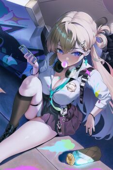 1girl absurdres aqua_necktie black_skirt blonde_hair blowing_bubble_gum braid braided_bangs breasts chewing_gum cleavage commentary earrings english_commentary graffiti hair_ornament headphones headphones_around_neck highres jewelry large_breasts lynae_(wuthering_waves) natu_(natu_sod) necktie panties panty_peek purple_eyes shirt_tucked_in sitting skirt skull_hair_ornament solo spray_can star_(symbol) star_earrings underwear white_panties wuthering_waves
