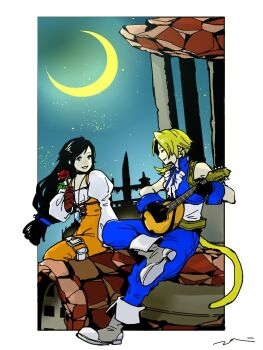 Rule 34 | 1boy, 1girl, bare shoulders, belt, black choker, black gloves, black hair, blonde hair, blue pants, blue ribbon, blue vest, blue wrist cuffs, bodysuit, boots, border, brown belt, cat tail, choker, closed eyes, crescent moon, cropped vest, crossed legs, crystal, final fantasy, final fantasy ix, full body, garnet til alexandros xvii, gloves, grey boots, hair ornament, hairclip, instrument, jewelry, juliet sleeves, long hair, long sleeves, looking at another, low-tied long hair, low ponytail, mochi (hanamaruudondesu), moon, music, neck ribbon, orange bodysuit, pants, parted bangs, parted lips, pendant, playing instrument, ponytail, puffy sleeves, red gloves, ribbon, shirt, signature, sitting, sleeveless, sleeveless shirt, smile, tail, thigh strap, vest, white border, white shirt, wrist cuffs, zidane tribal