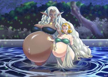 2girls absurdres aqua_eyes artist_name bare_shoulders belly big_belly blonde_hair blue_eyes breasts cleavage commentary dark-skinned_female dark_skin dated earrings english_commentary female_focus height_difference highres huge_breasts jewelry large_breasts long_hair marrazan multiple_girls navel nintendo outie_navel pointy_ears pregnant princess_zelda short_hair skindentation sonia_(zelda) stomach tall_female the_legend_of_zelda the_legend_of_zelda:_tears_of_the_kingdom very_long_hair white_hair