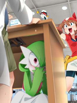 1boy 1girl 1other :d absurdres bandana black_gloves black_shorts blue_eyes blue_shirt blurry blurry_foreground blush brown_hair classroom coat commentary covering_own_mouth ebay english_commentary english_text gardevoir gen_3_pokemon gloves green_shorts highres holding holding_poke_ball implied_after_fellatio indoors khyle. lab_coat lectern long_hair long_sleeves may_(pokemon) nintendo open_mouth outstretched_arm poke_ball poke_ball_(basic) pokemon pokemon_(creature) pokemon_rse professor_birch red_bandana red_eyes red_shirt revision shirt short_sleeves shorts smile standing sweat white_coat wide-eyed
