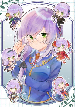 1girl absurdres adjusting_eyewear apple blue_jacket braid breasts chibi closed_mouth dress flower food formal_clothes fruit glasses green_eyes hair_flower hair_ornament hairband hand_on_eyewear heaven_burns_red highres holding izumi_yuki_(heaven_burns_red) jacket japanese_clothes kimono long_hair long_sleeves looking_at_viewer multiple_views official_alternate_costume official_alternate_hairstyle purple_hair red_dress red_flower round_eyewear school_uniform shirt skirt smile suit utsuru_515