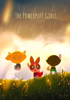 3girls absurdres artist_name black_hair black_shoes blonde_hair blossom_(ppg) blue_dress blunt_bangs blunt_ends bow bubbles_(ppg) buttercup_(ppg) child copyright_name dress furrowed_brow grass green_dress hair_bow hand_on_own_hip hand_up hands_up highres jumping long_hair mary_janes multiple_girls noah_(rokoroko) open_mouth orange_hair outdoors pantyhose pink_dress pink_eyes powerpuff_girls rain red_bow shoes short_hair siblings sisters smile standing twintails twitter_username watermark white_pantyhose