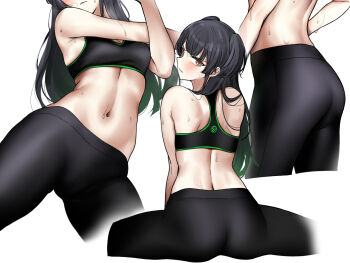1girl armpits ass back black_hair black_pants black_sports_bra blunt_bangs breasts brown_eyes crop_top exercising flexible frown gymnastics idolmaster idolmaster_shiny_colors long_hair looking_at_viewer mayuzumi_fuyuko midriff multiple_views nakamura_rohane navel pants split sports_bra spread_legs stretching sweat tight_clothes tight_pants two_side_up yoga_pants